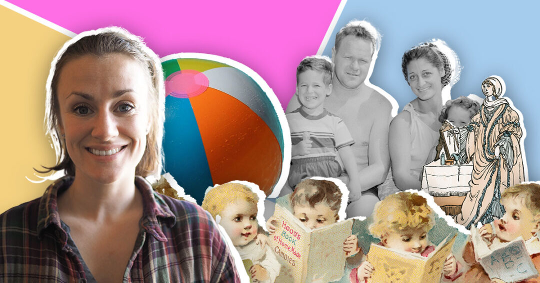 Kollage av bilder på badboll, familj och barn som läser